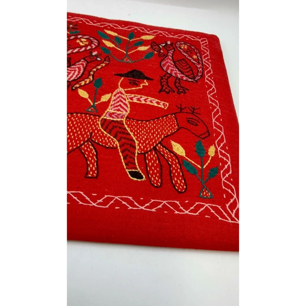 Vintage Hand Embroidered Folk Art Textile Wall Hanging Set of 2 Black Red Boat
